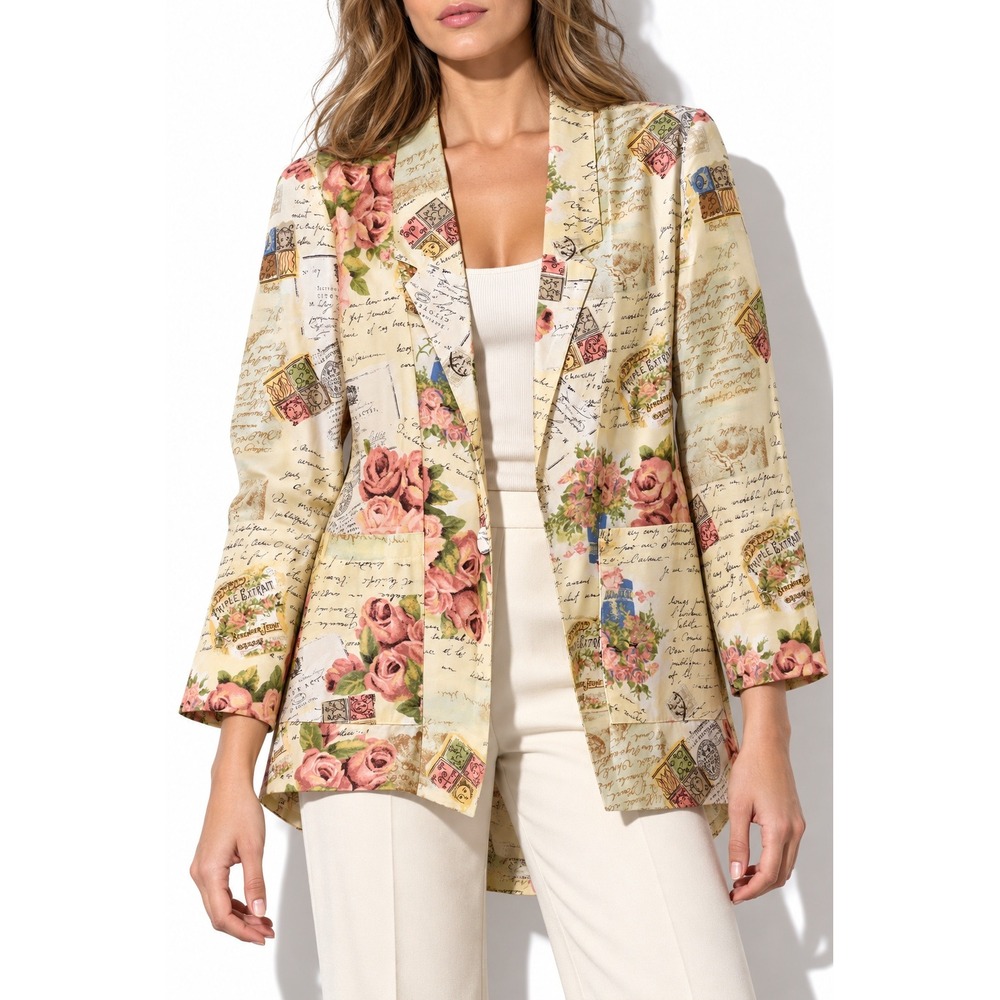 90s Vintage Rose Print Blazer French Script Floral Womens 12P Cream Cottagecore